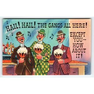 Vintage 1950s Linen Comic Postcard Hail The Gangs All Here Bar Scene